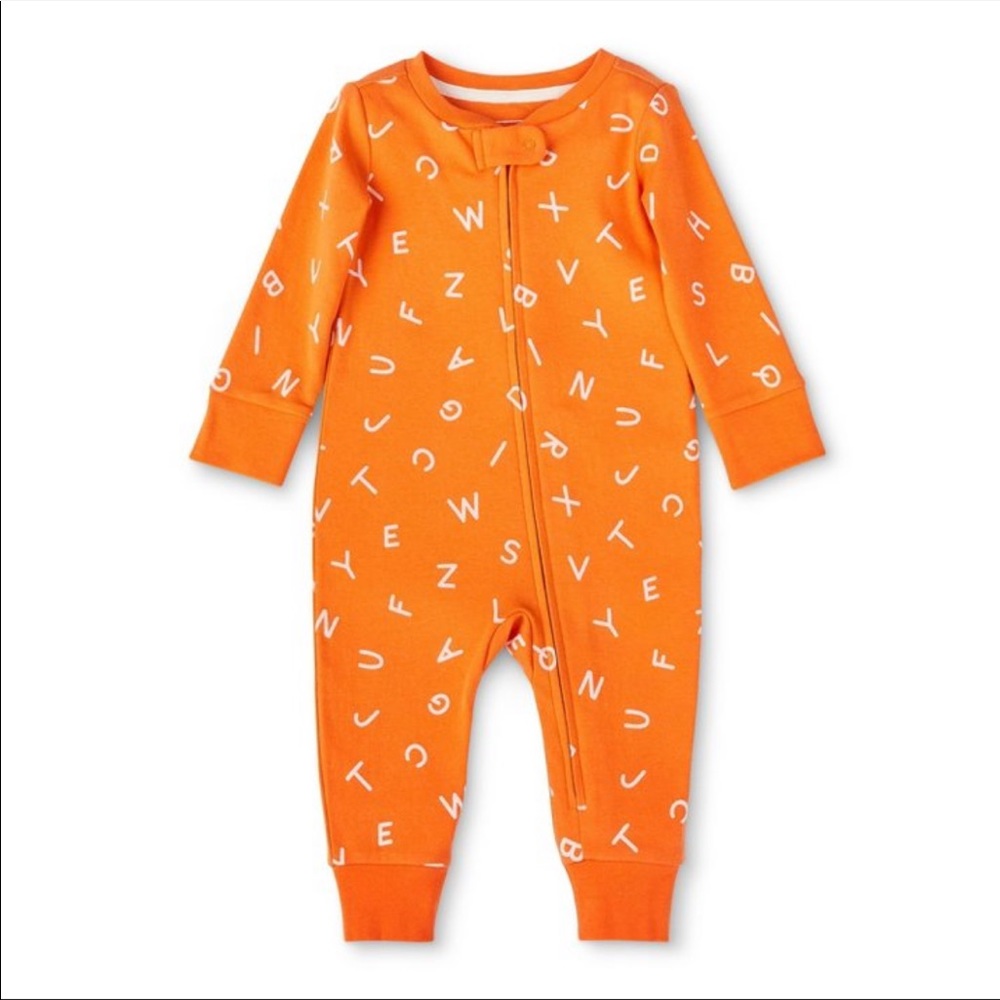 Baby Alphabet Print Front Zipper Long Sleeve Pajama - orange
